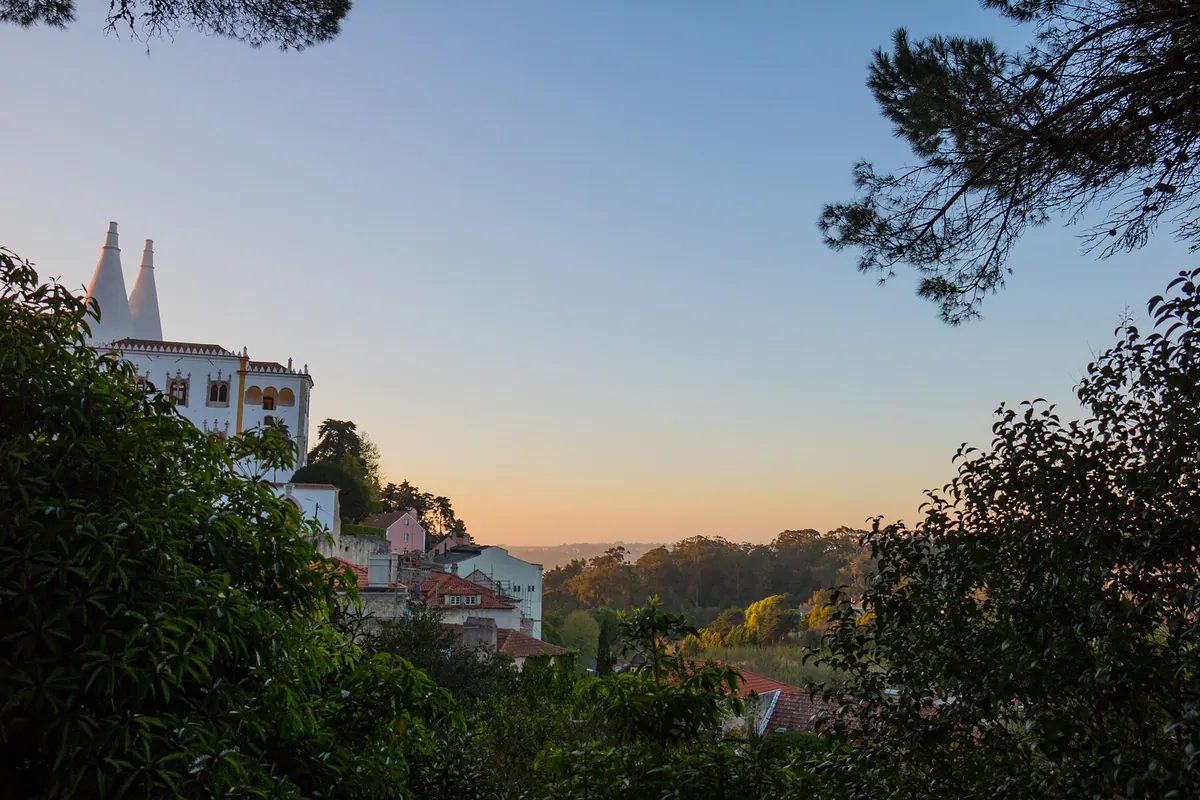 The conical chimneys of Sintra National Palace at dusk, framed by trees